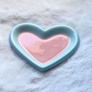 New Small Heart Shaped Ceramic Cat Plate Pink Blue Whisker Fatigue Friendly Dish
